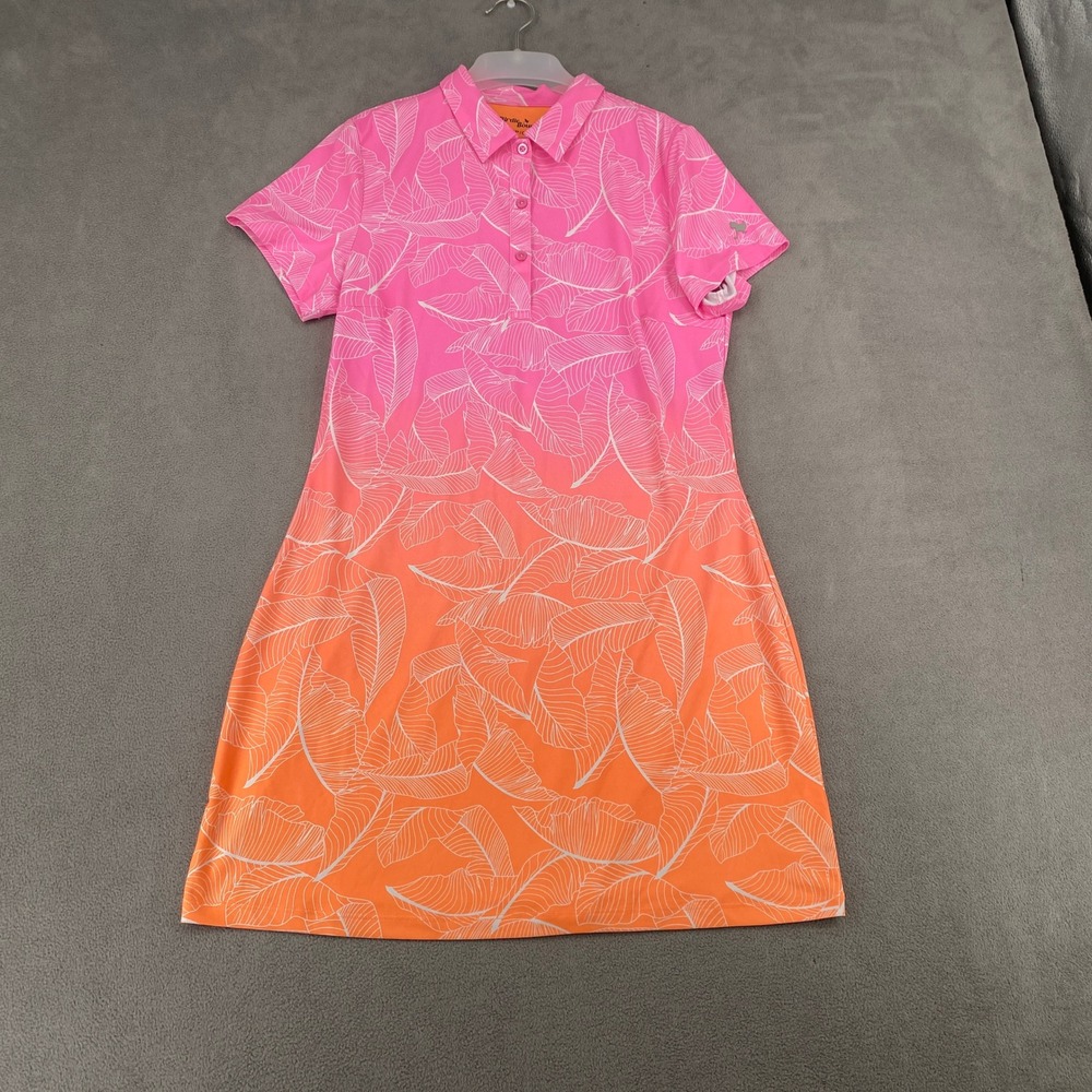 Birdie Bound Womens Pink Orange Ombre Leaf Print Golf Polo Dress Small